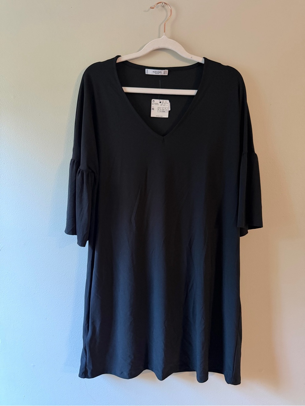 MANGO- Black V-Neck Ruffle Sleeve Dress